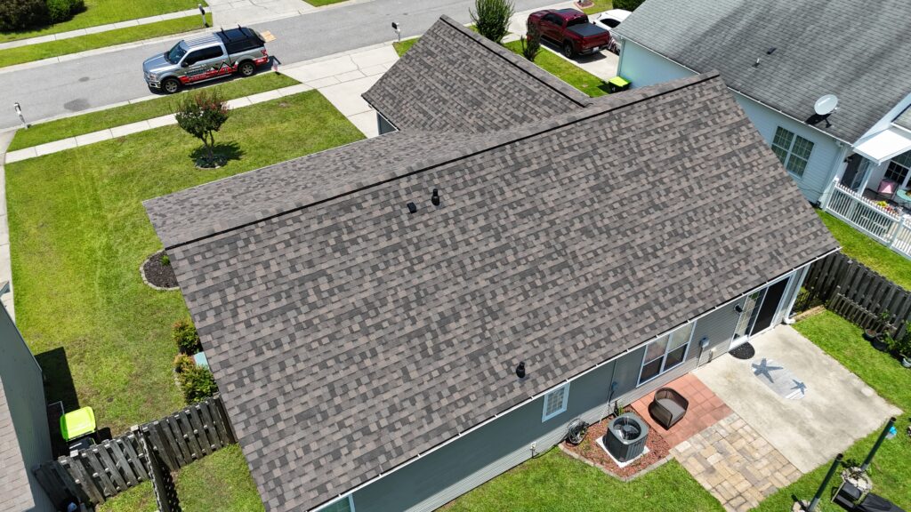 Aerial view of a completed Armored Roofing roof
